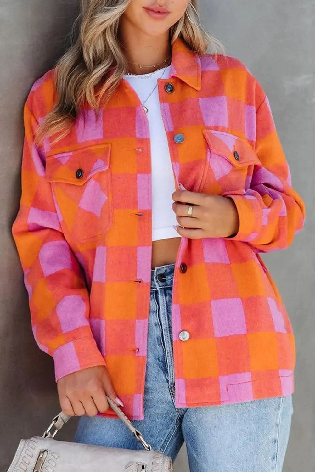 Orange plaid button-up jacket - Love Salve